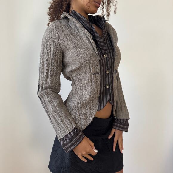 Vintage herringbone blazer with striped contrast and embroidered patches (S/M) - Picture 4 of 8